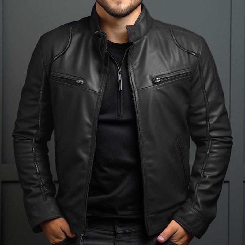 Herren Vintage Stehkragen Reißverschluss Slim Lederjacke