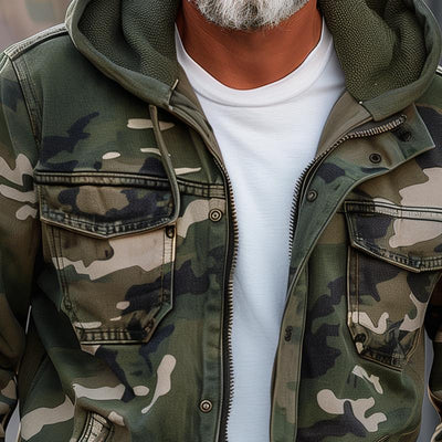 Herren Camouflage Kapuzen Multi-Taschen Zip Cargo Jacke