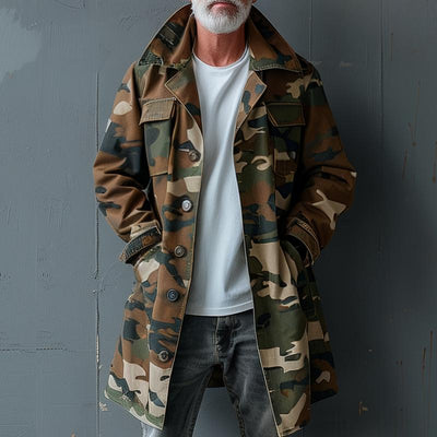 Herren Camouflage Revers Brusttasche Einreiher Mid-Length Cargo Trenchcoat