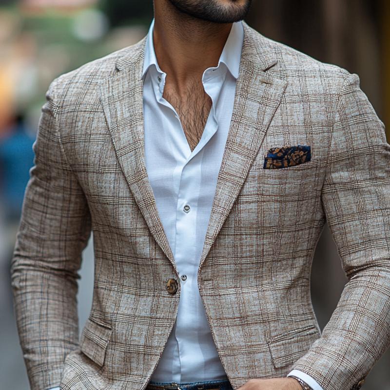 Herrenmode Retro Karierter Revers Ein-Knopf Freizeitblazer