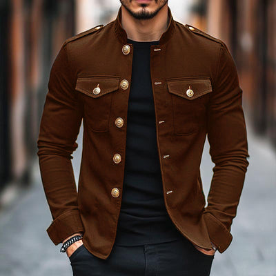Herren Vintage Casual Einfarbige Stehkragen Knopfjacke
